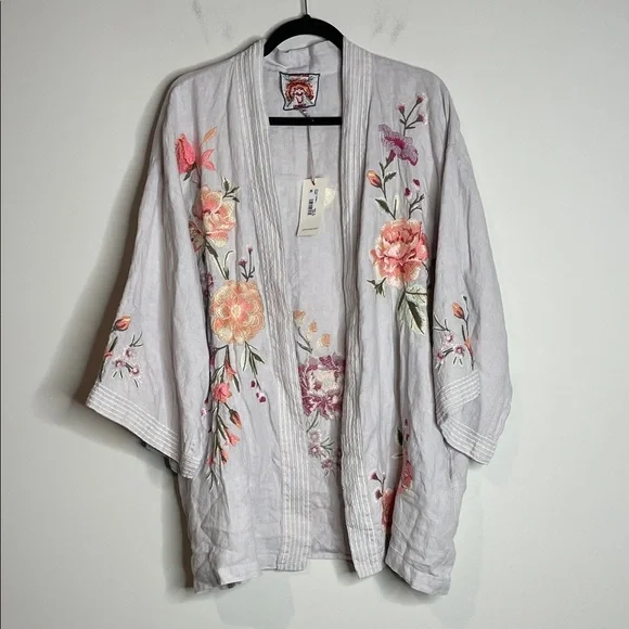 Johnny Was | Vienna Linen Light Gray Floral Embroidered Kimono Top Size XL NWT - Picture 2 of 8